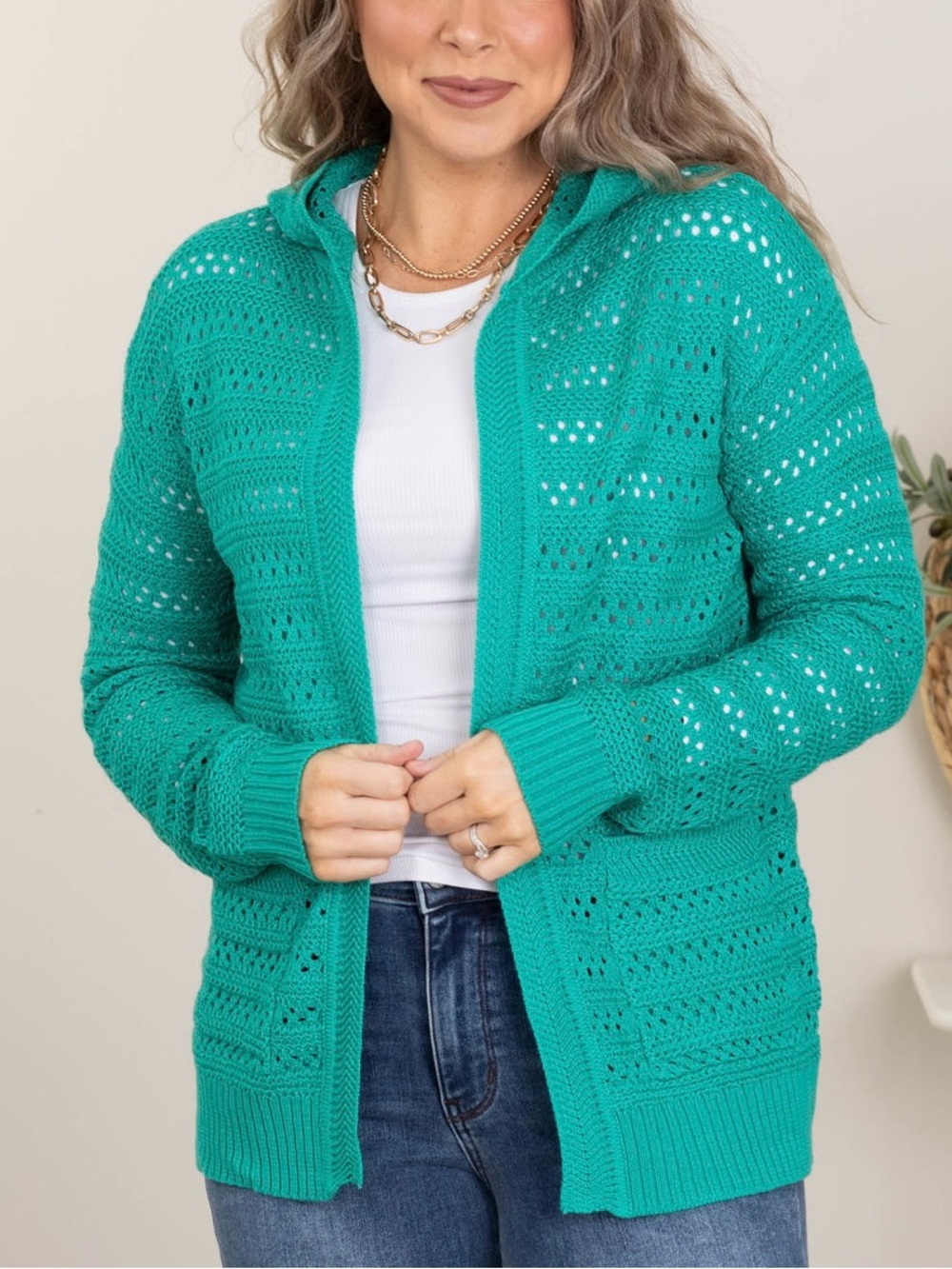 Staccato Mint Open-Knit Hooded Cardigan